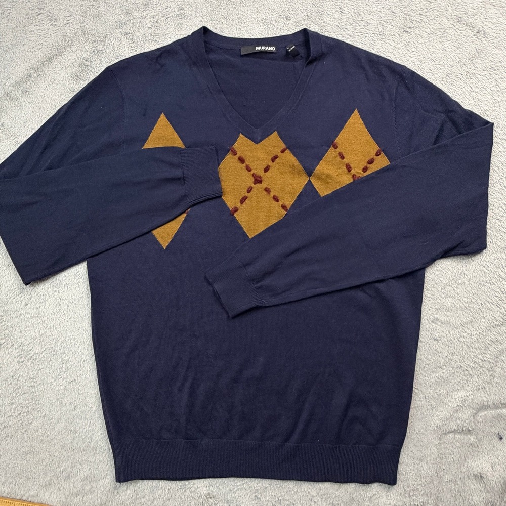 Murano Mens Navy Blue Argyle V-Neck Sweater Mustard Yellow Diamond Pullover Med